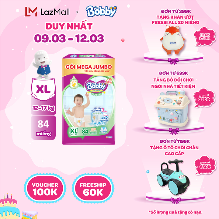 [QUÀ ĐƠN 299K][MỚI] Tã/bỉm quần Bobby 3mm Mega Jumbo Gạo non XL84