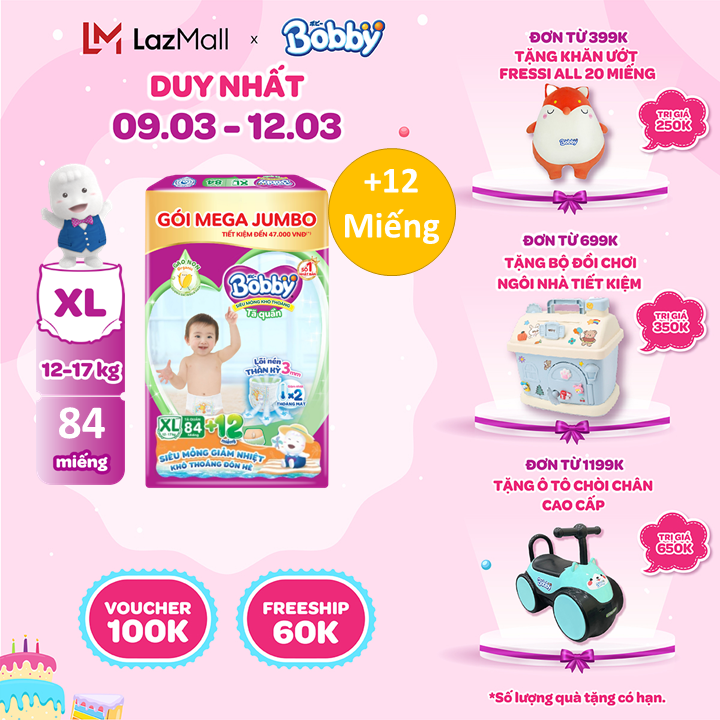 [QUÀ ĐƠN 299K][Tặng 12 miếng] Tã/bỉm quần Bobby 3mm Mega Jumbo Gạo non XL84_phiên bản summer