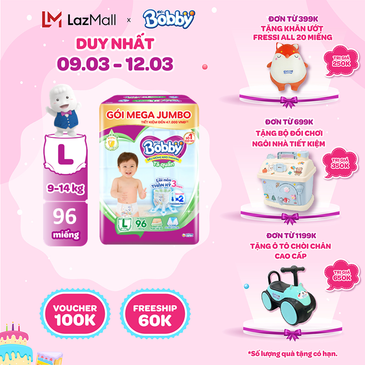 [QUÀ ĐƠN 299K][MỚI] Tã/bỉm quần Bobby 3mm Mega Jumbo Gạo non L96