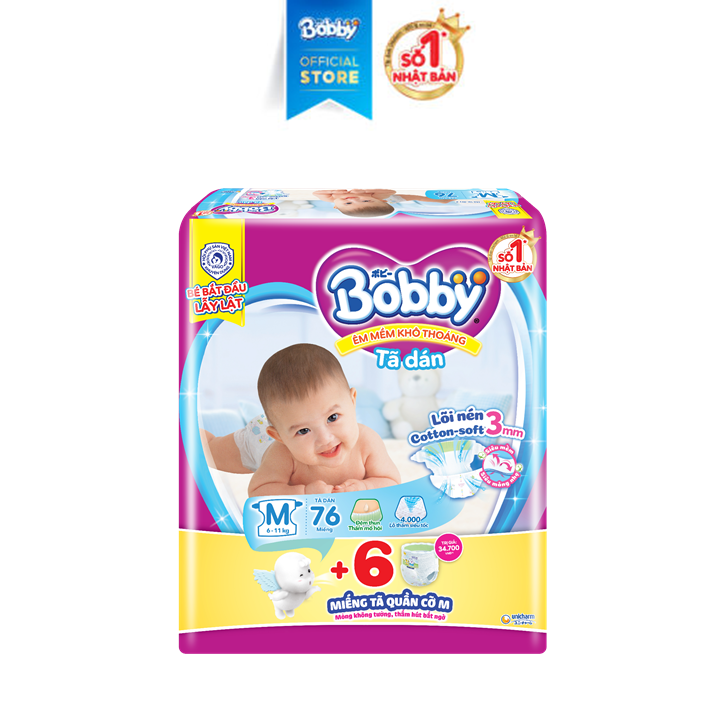 239.000 ₫-[GIẢM 20K ĐƠN 399K][Tặng 6 miếng] Tã/Bỉm dán Bobby Lõi nén Cotton-Soft 3mm – Super Jumbo M76