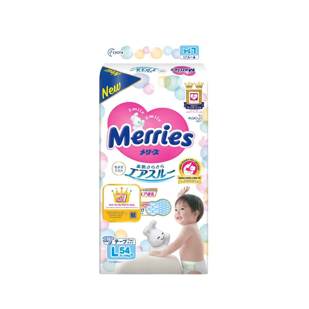 Bỉm tã dán Merries size L 54 miếng (9-14kg)