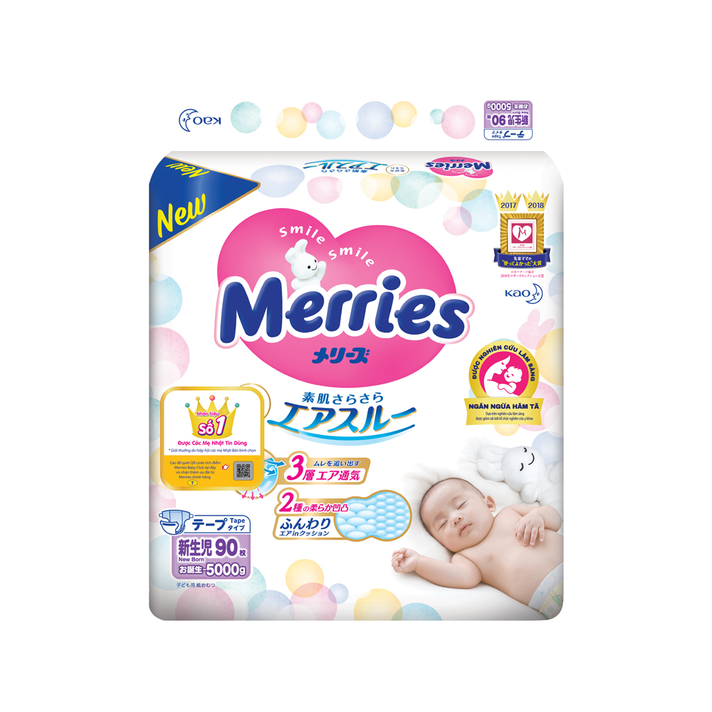 Bỉm tã dán Merries size Newborn 90 miếng (dưới 5kg)