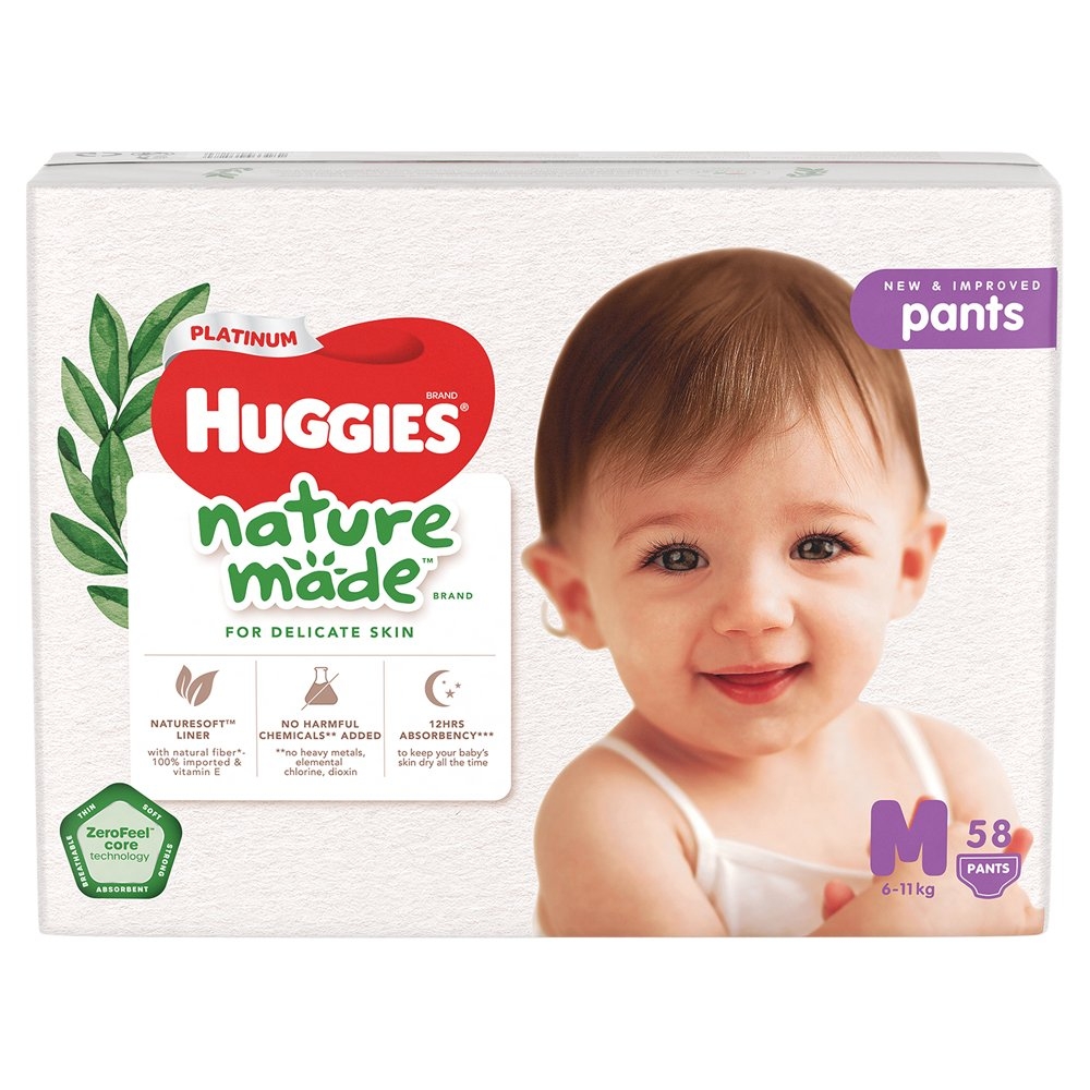 Bỉm tã quần Huggies Platinum Nature Made M size 58 miếng (6-11kg)