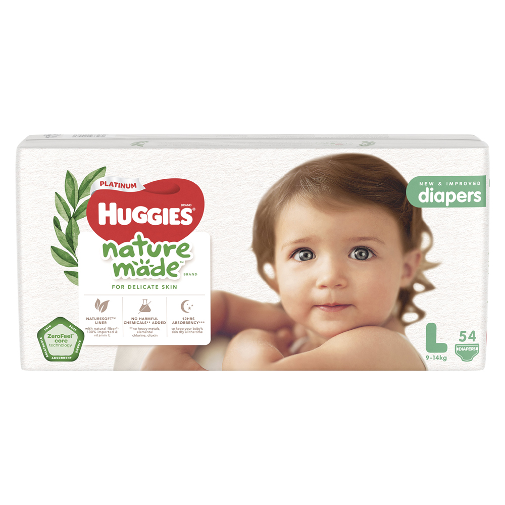 Bỉm tã dán Huggies Platinum Nature Made size L 54 miếng (9-14kg)