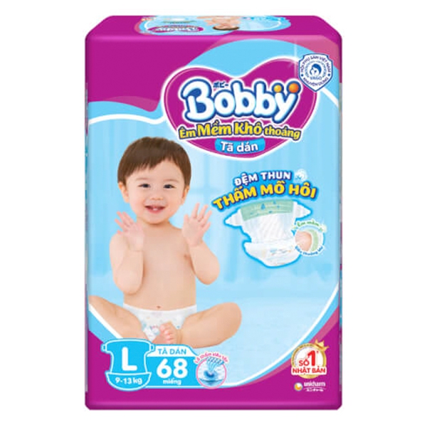 Bỉm tã dán Bobby siêu thấm size L, 68 miếng (9-13kg) (giao bao bì ngẫu nhiên)