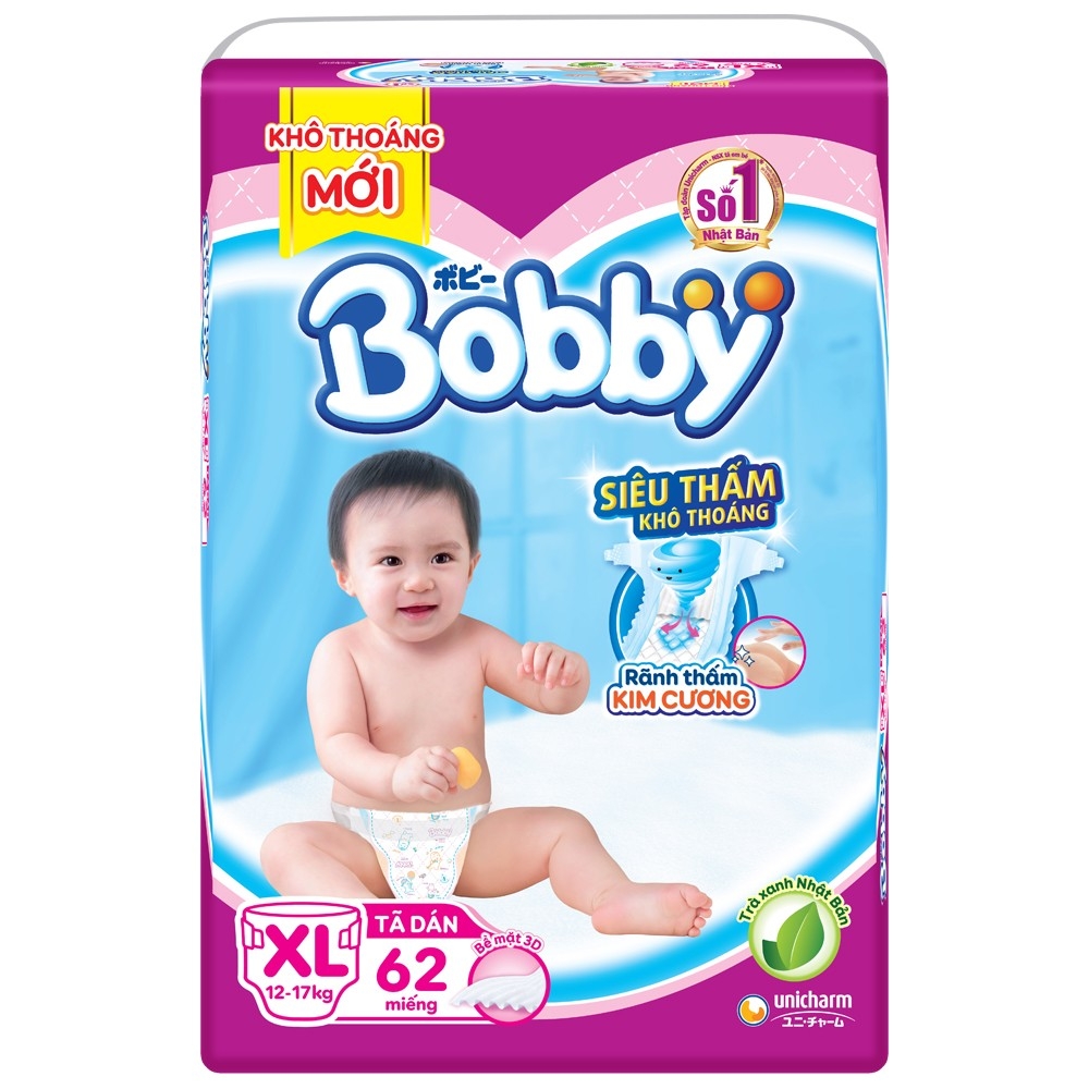 Bỉm tã dán Bobby siêu thấm size XL 62 miếng (12-17kg) (giao bao bì ngẫu nhiên)