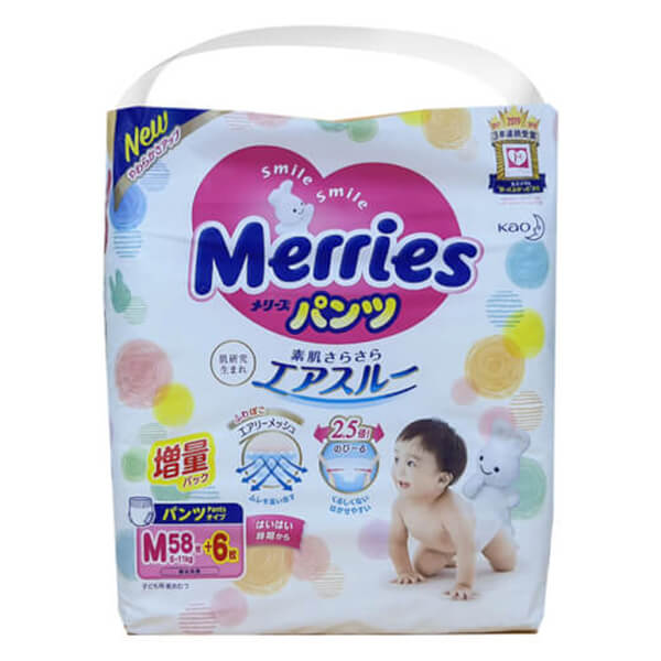 Tã quần Merries nội địa (M, 6-11kg, 58 + 6 miếng)