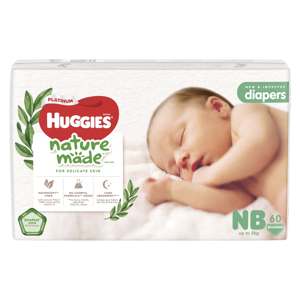 Bỉm tã dán Huggies Platinum Nature Made size Newborn 60 miếng (dưới 5kg)