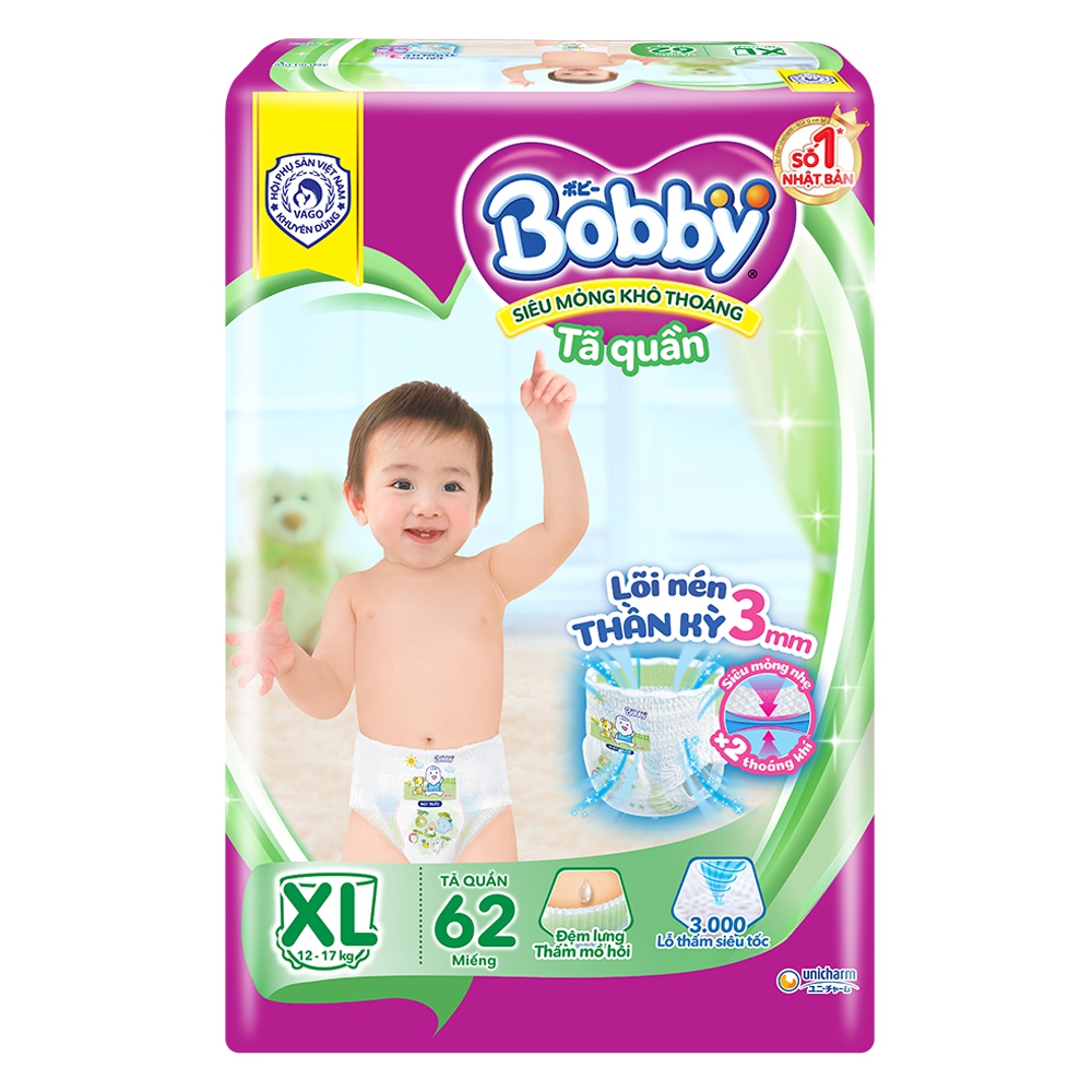 Bỉm tã quần Bobby size XL 62 miếng (12-17kg)(giao bao bì ngẫu nhiên)