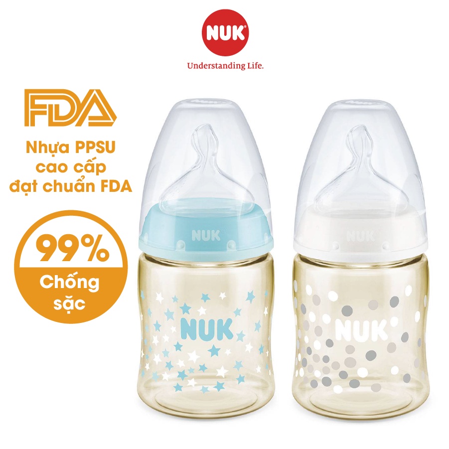 Bình sữa NUK chất liệu PPSU cao cấp siêu nhẹ chống vỡ núm ti silicone chỉnh nha