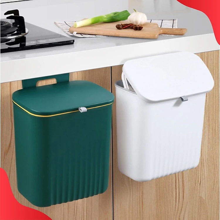 Thùng rác treo tủ bếp nhà tắm 9L, có nắp thông minh, móc cài hoặc dán tường